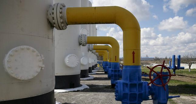 Valves and pipes are seen at a gas compressor station in the village of Boyarka