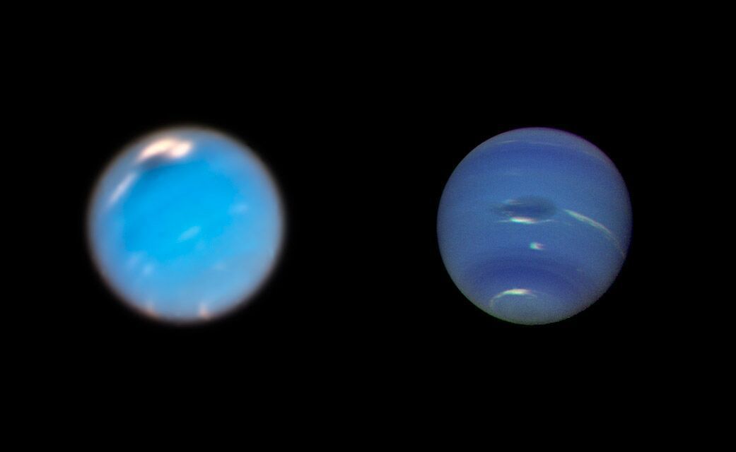 Слева — темное пятно Нептуна на снимке телескопа Hubble, 2018 год. Справа — фотография 1989 года Слева — темное пятно Нептуна на снимке телескопа Hubble, 2018 год. Справа — фотография 1989 года